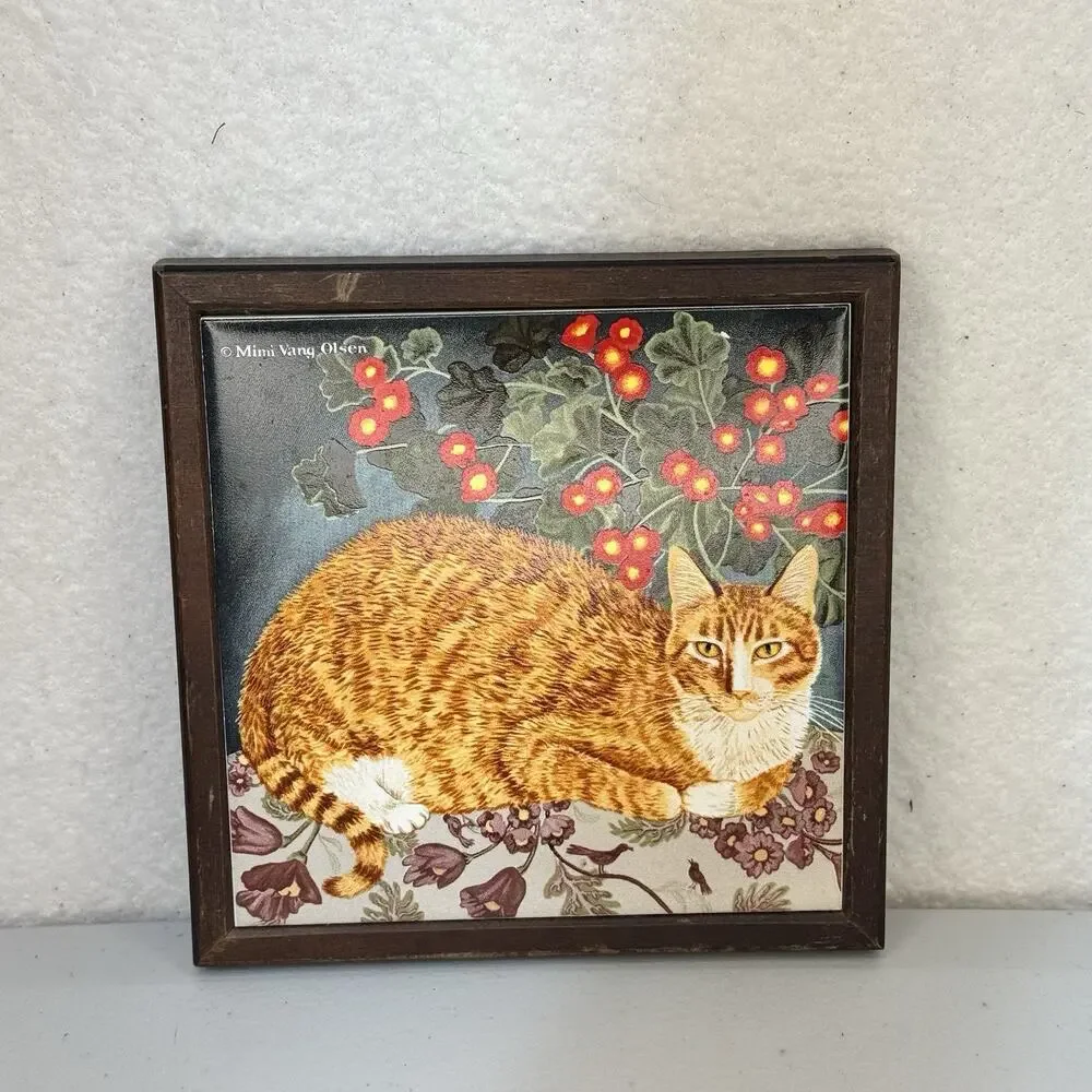 Mimi Vang Olsen Orange Tabby Cat Ceramic Tile Trivet Wood Frame VTG Kitchen Deco